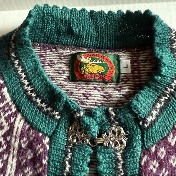 ALPS NORDIC SWEATER PURPLE TEAL GREEN WHITE SNOWFLAKES FANCY HOOKS SIZE LG - Picture 4 of 5